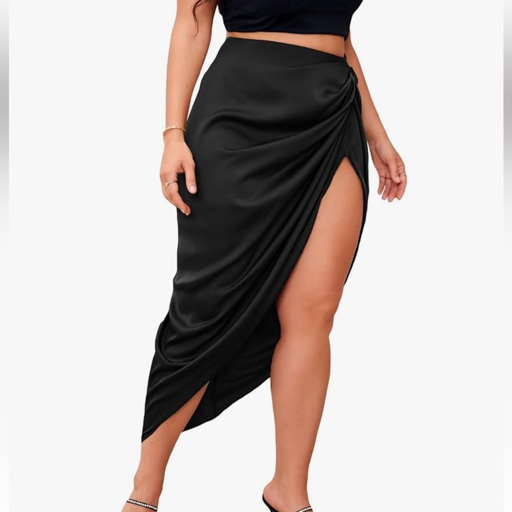Black Asymmetric Satin draped Skirt high slit Sz XL